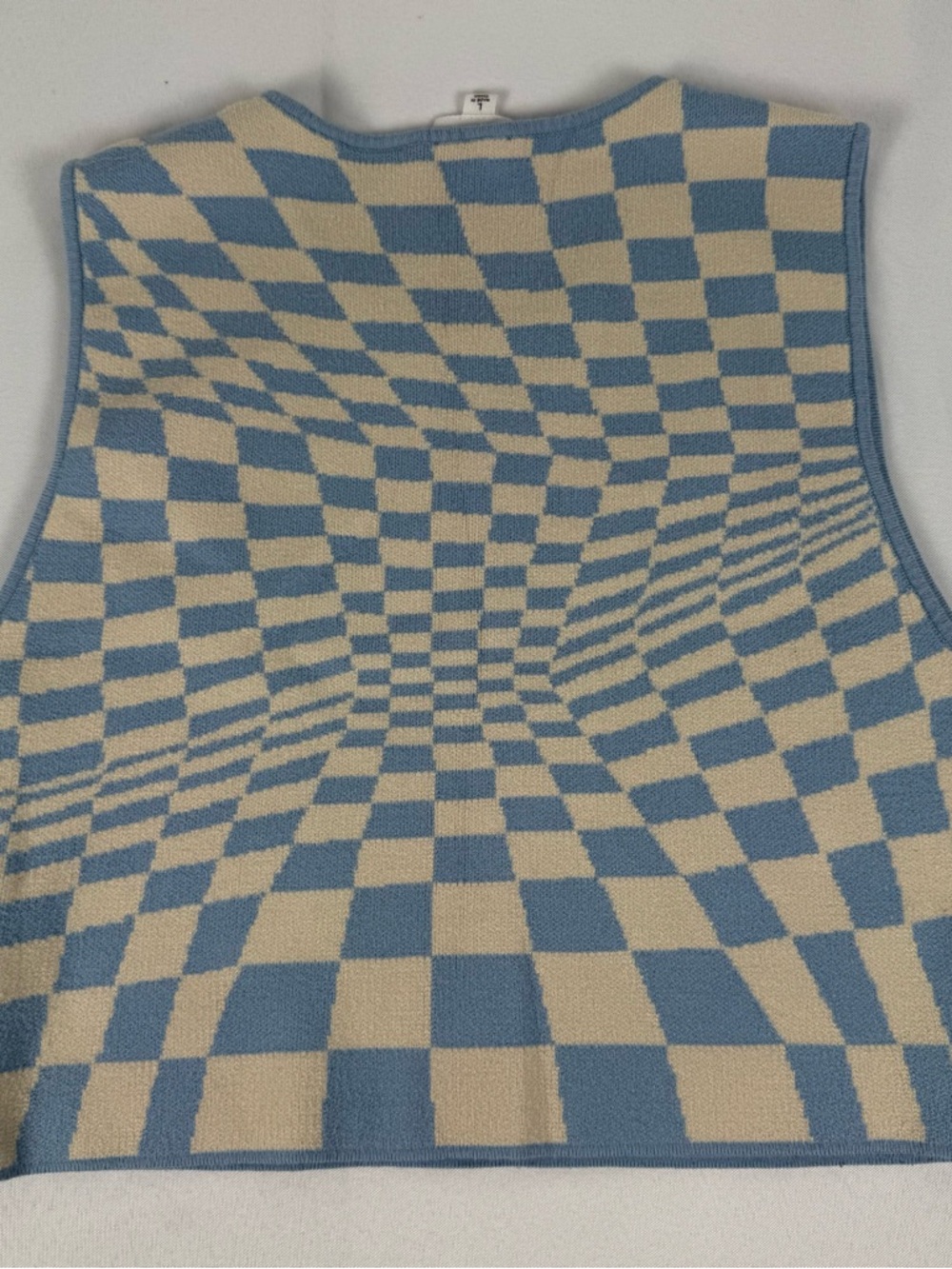 Lelis Checkered Knit Tank Top Blue Cream Optical Illusion Crop Sweater Vest - Picture 3 of 10